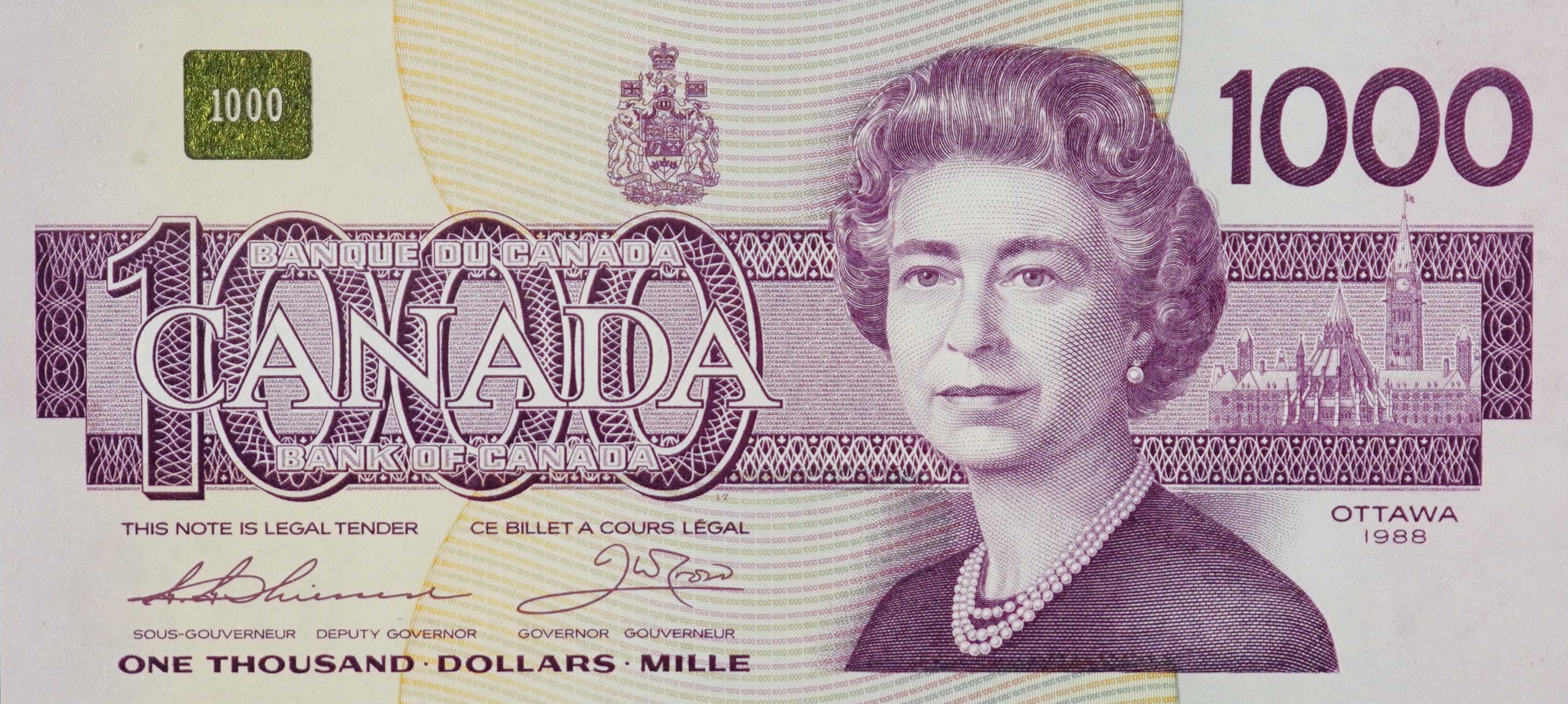1992 - $1000 - Queen Elizabeth II - Pine Grosbeak front