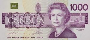 1992 - $1000 - Queen Elizabeth II - Pine Grosbeak front