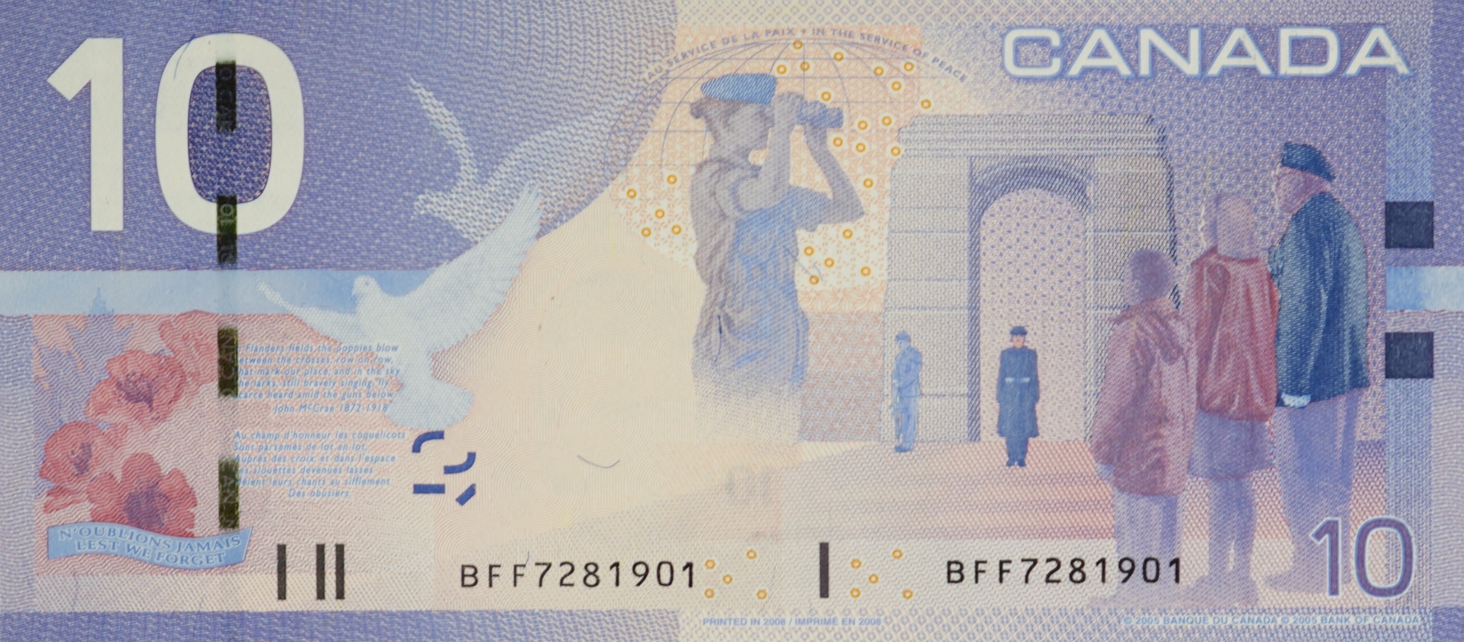 2004 - $10 - Sir John A Macdonald - Remembrance and Peacekeeping - Holographic Security Strip back