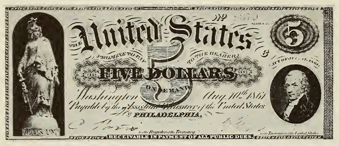 1861 - $5 - Capitol Columbia - Alexander Hamilton front