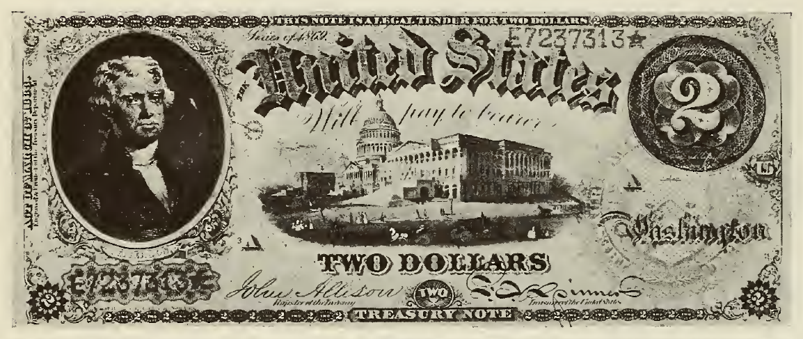 1869 - $2 - U.S. Capitol - Thomas Jefferson - Design 1 front