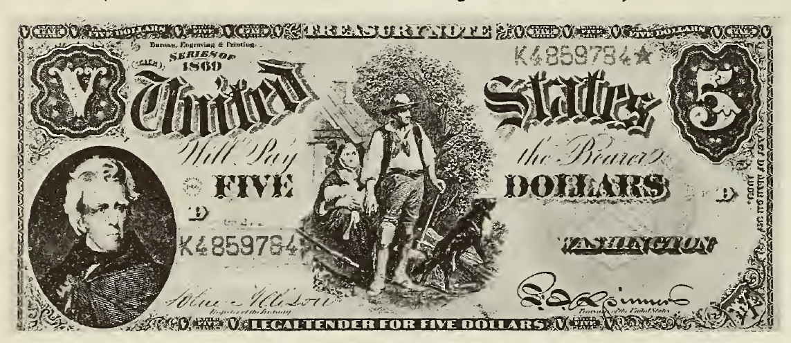 1869 - $5 - Pioneer Family - Andrew Jackson - Design 1 front