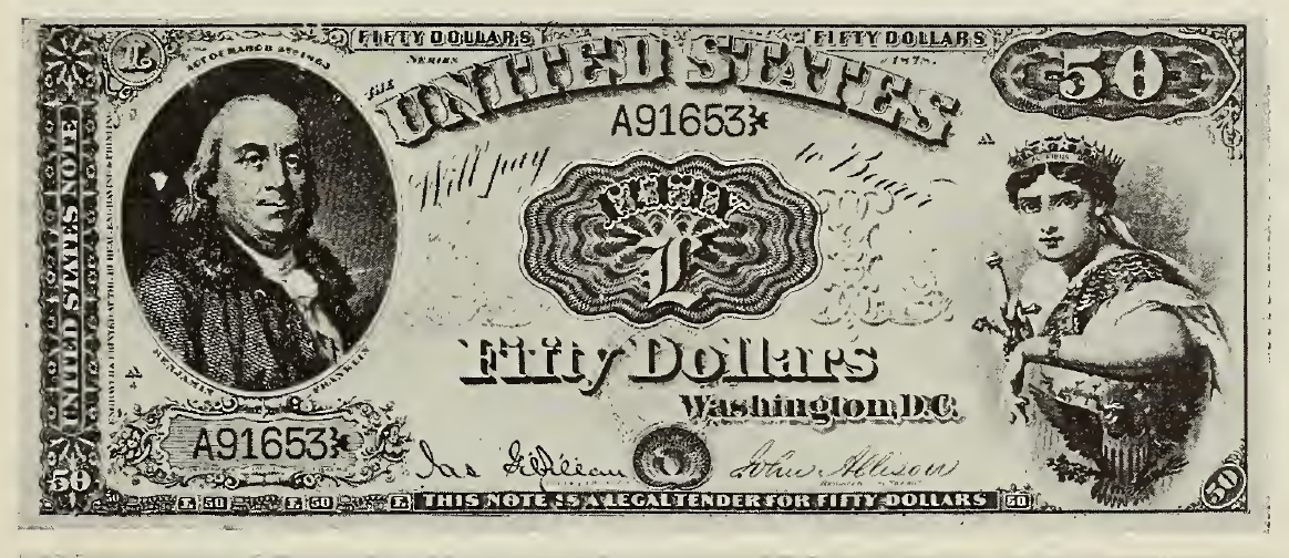 1874 - $50 - Benjamin Franklin - Liberty as Columbia - Design 1 front