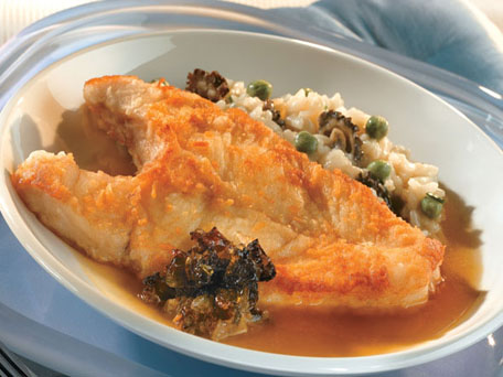 Pan-Roasted Halibut with Morel Confiture, Sweet Pea Risotto and Morel ...