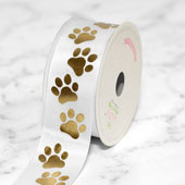 1 1/2" SATIN METALIC PAW PRINT RIBBON-21 FEET (White/Gold)