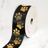 1 1/2" SATIN METALIC PAW PRINT RIBBON-21 FEET (Black/Gold)