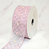 1 1/2" CRISS CROSS STITCH W/FLORAL SEQUINS MESH RIBBON-10 YD (Pink)