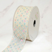 1 1/2" CRISS CROSS STITCH W/FLORAL SEQUINS MESH RIBBON-10 YD (Ivory)