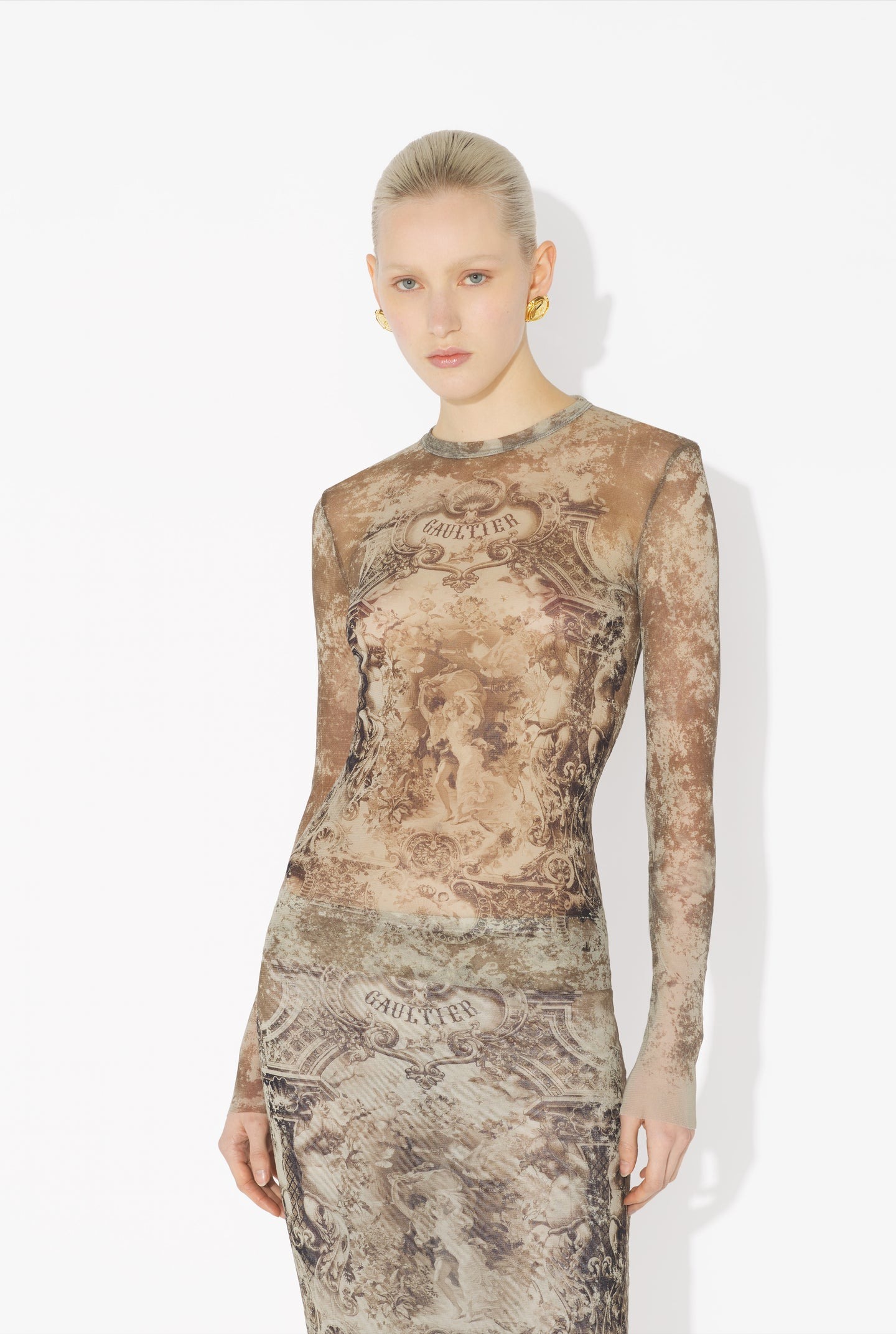 Jean Paul Gaultier Mesh Long Sleeves Top Printed Medaillon Woman Multicolor