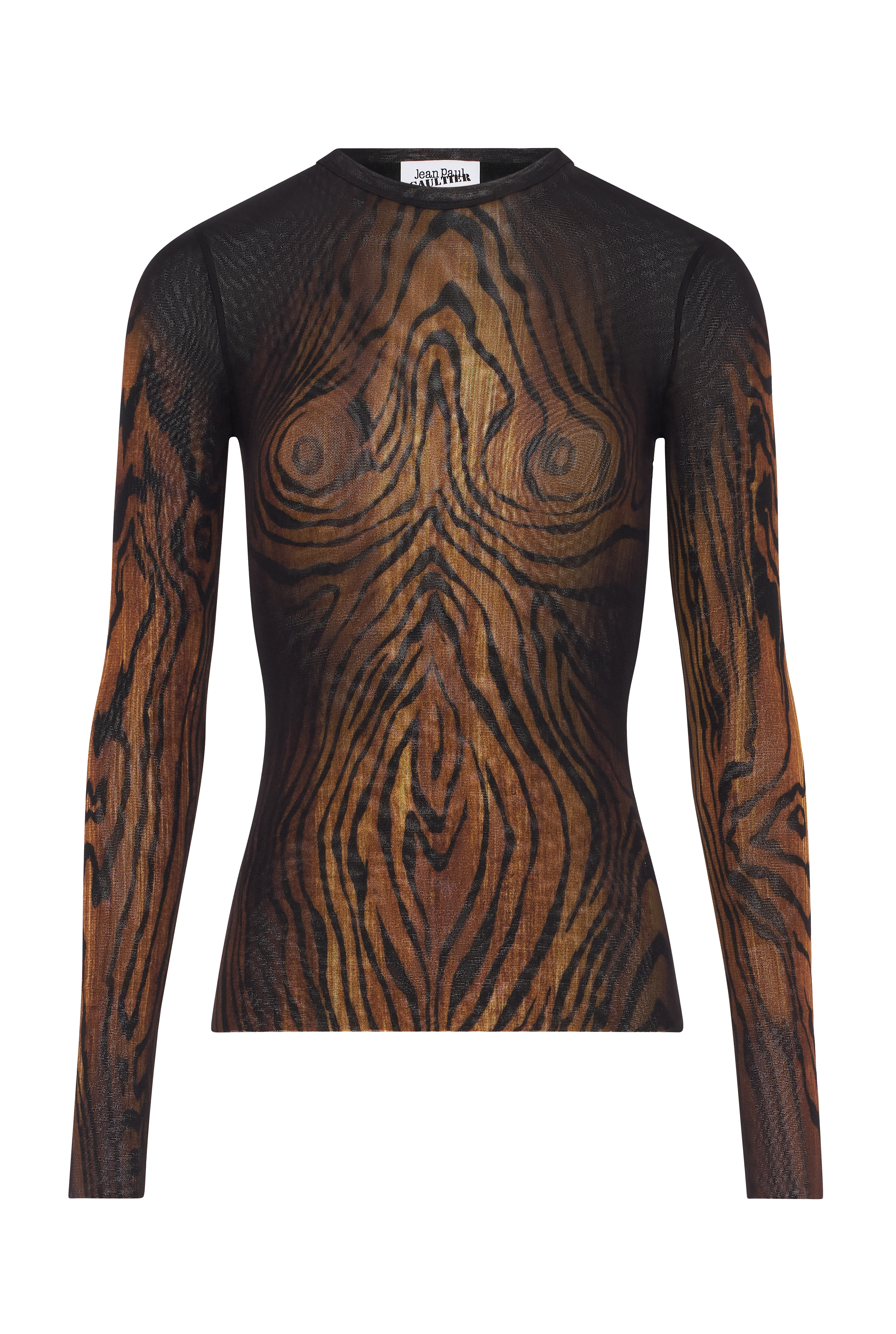 Jean Paul Gaultier Top Long Sleeves Mesh Printed Wood Woman Black And Brown In Brown