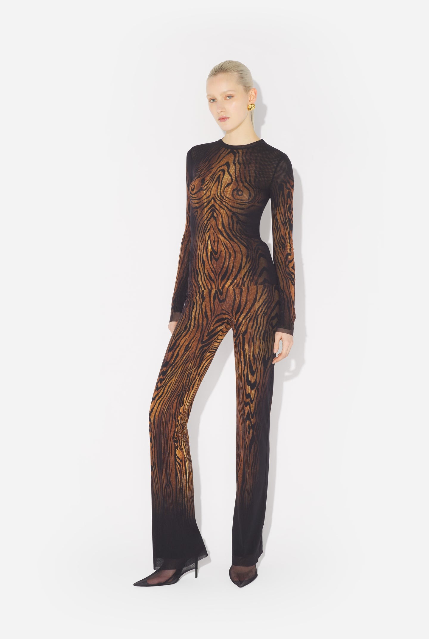 Jean Paul Gaultier Top Long Sleeves Mesh Printed Wood Woman Black And Brown In Brown
