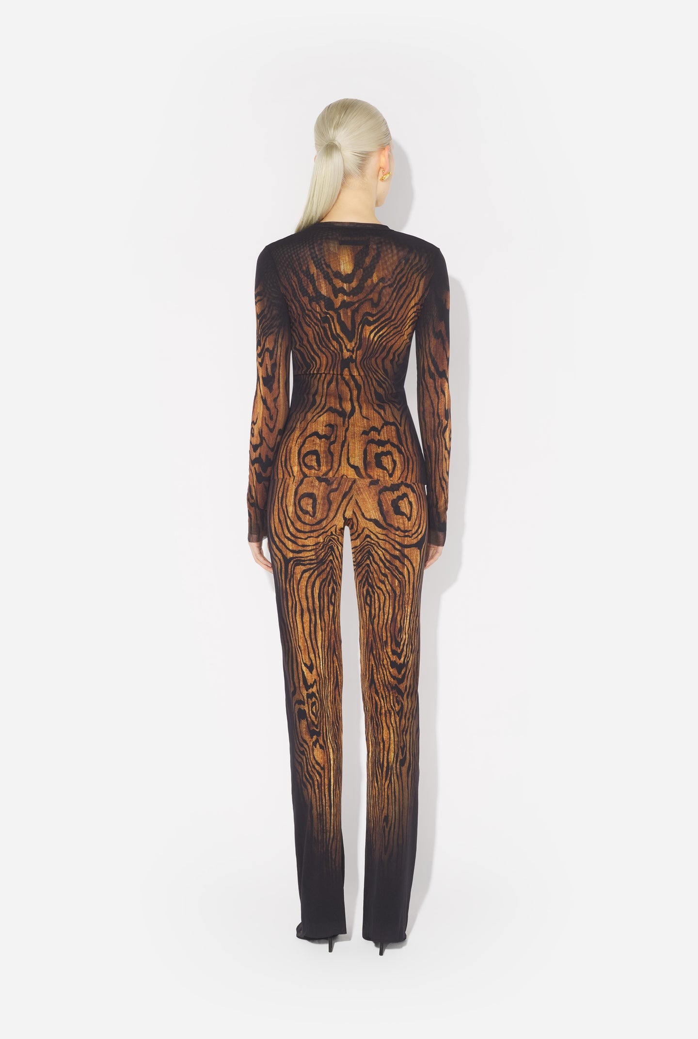 Jean Paul Gaultier Top Long Sleeves Mesh Printed Wood Woman Black And Brown In Brown