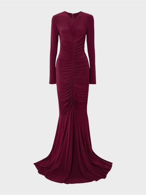 Long-sleeve V-neck shirred-front fishtail gown in stretch jersey NORMA KAMALI | KK4253PLE38043PLUM