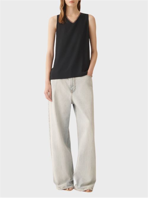 V-neck silk blend crepe de chine tank top with tulle and diamond thread trim FABIANA FILIPPI | TPD266F295L7755146