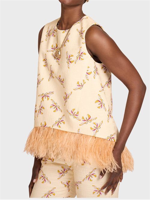Top in cotone con piume e stampa Farfalla LA DOUBLE J | TOP0013COT005FAR08WH09