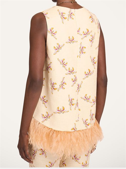 Top in cotone con piume e stampa Farfalla LA DOUBLE J | TOP0013COT005FAR08WH09