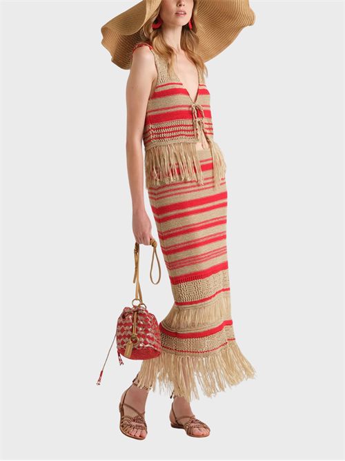 Gonna midi artigianale con intrecci e frange in fettuccia MALIPARMI | JG66767821411B30