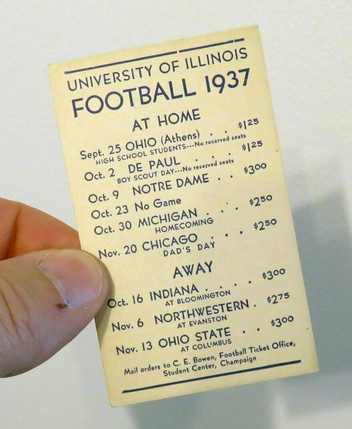 Item E 138 1937 Illini Football Schedule Card original 