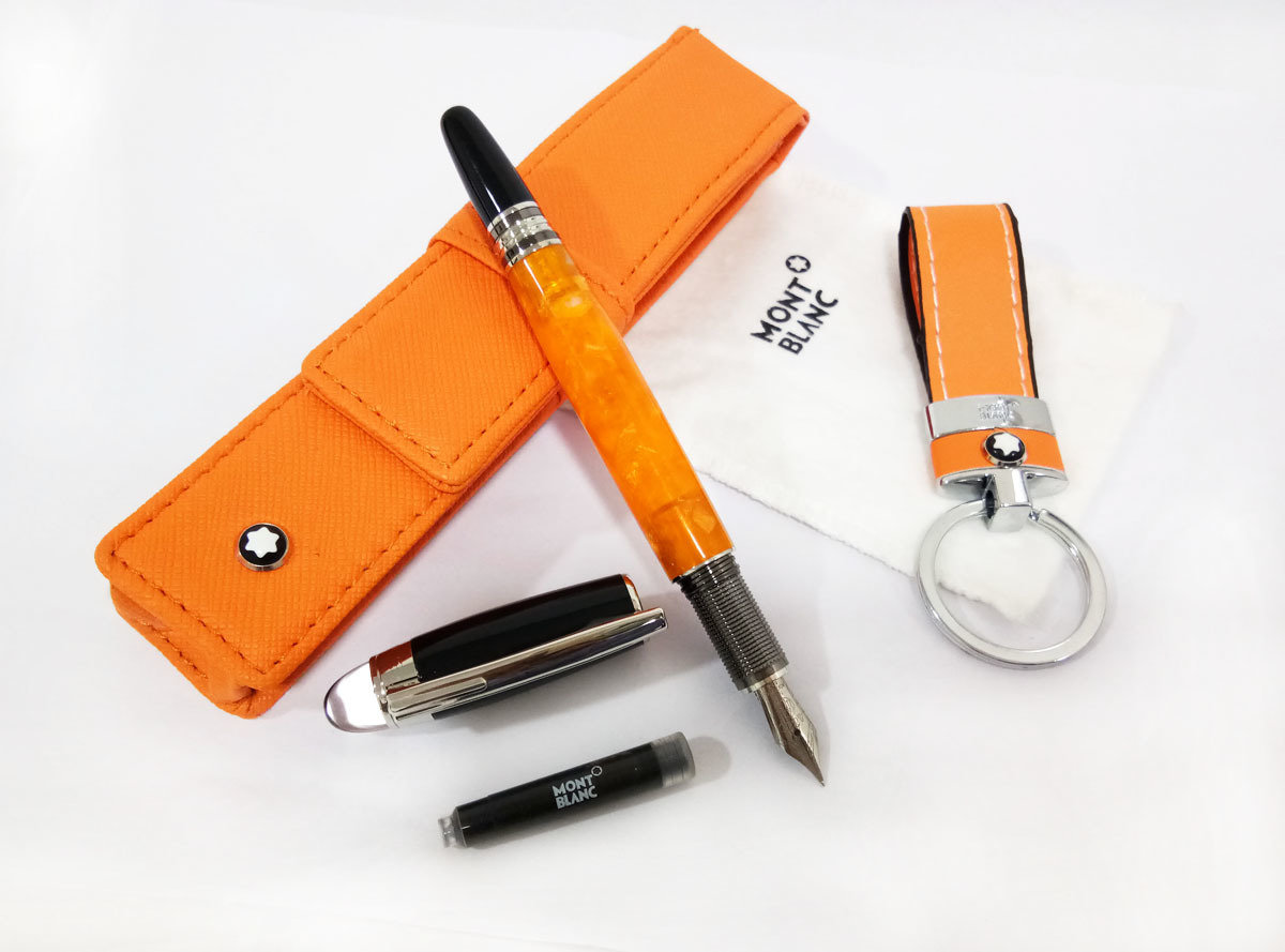 New Mont Blanc Star Walker Orange Fountain Ink Pen With Mb Pouch And Key chain Imported