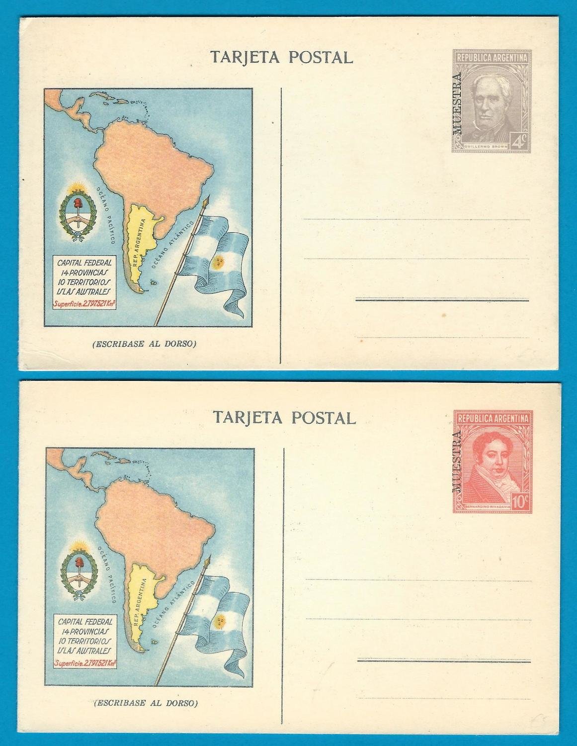 ARGENTINA 2 postal cards 1935 MUESTRA with map Store Stamps and