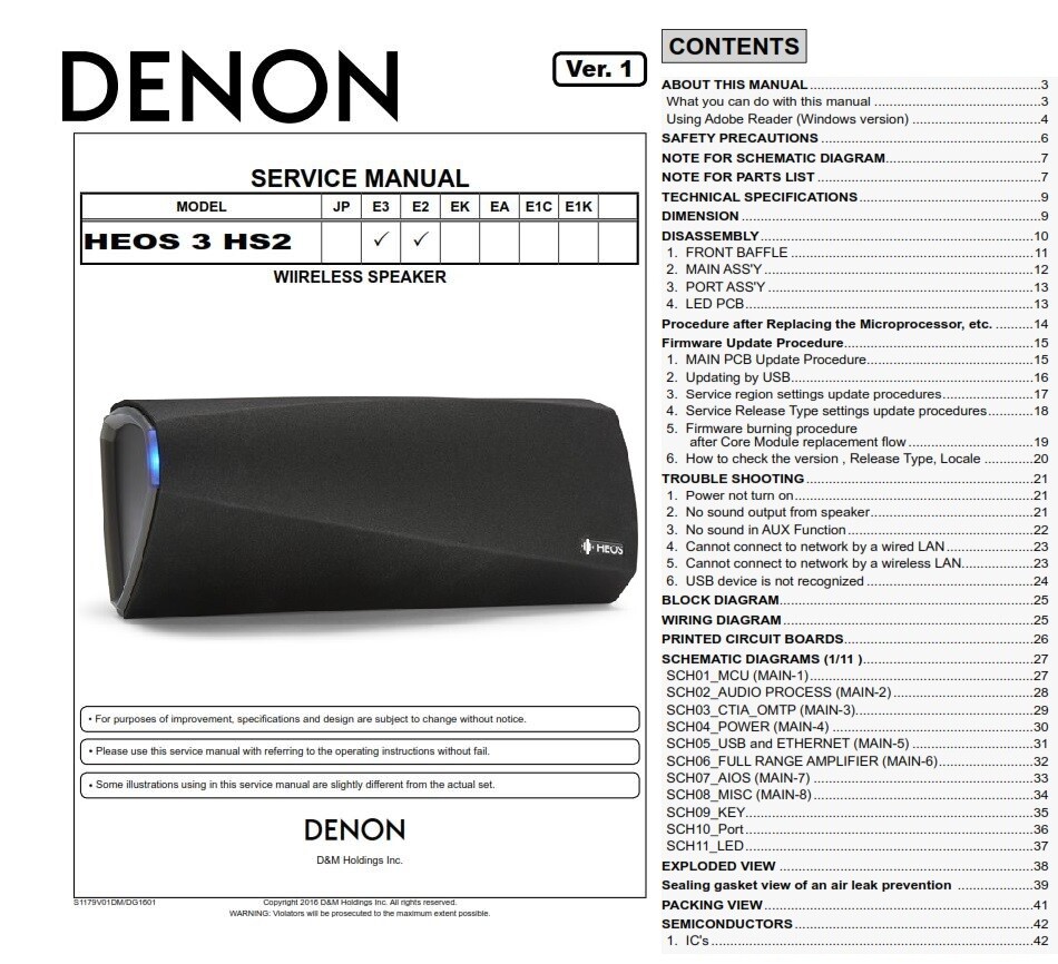 Denon HEOS 3 HS2 Wireless Speaker Service Manual