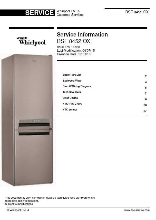 Whirlpool BSF 8452 OX Refrigerator Service Manual Technicians Guide
