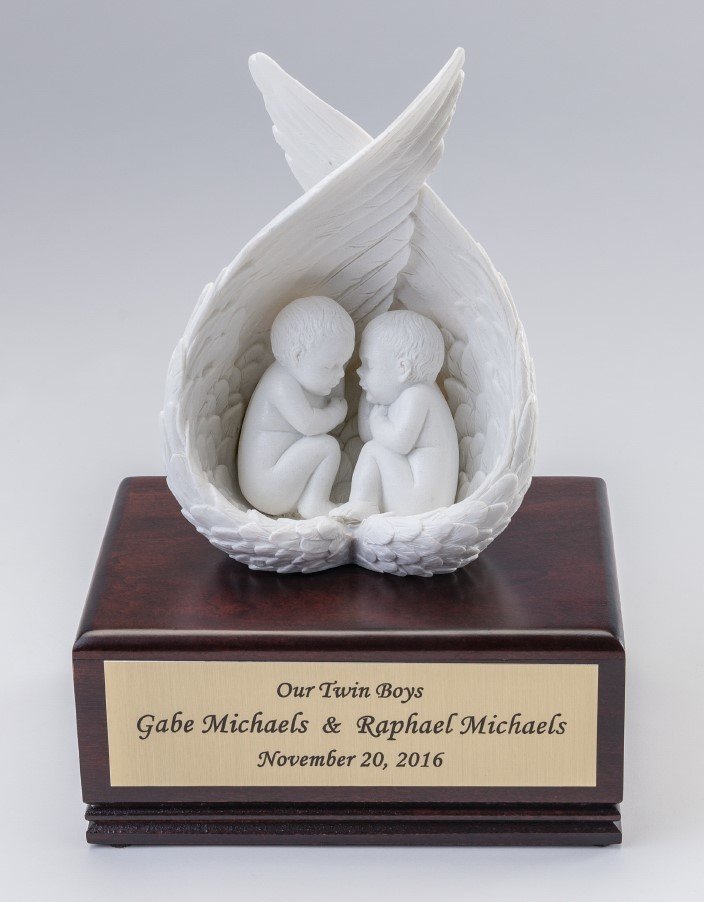 Twin Babies in Wings on Wood Urn Box UTW Heaven's Gain Ministries