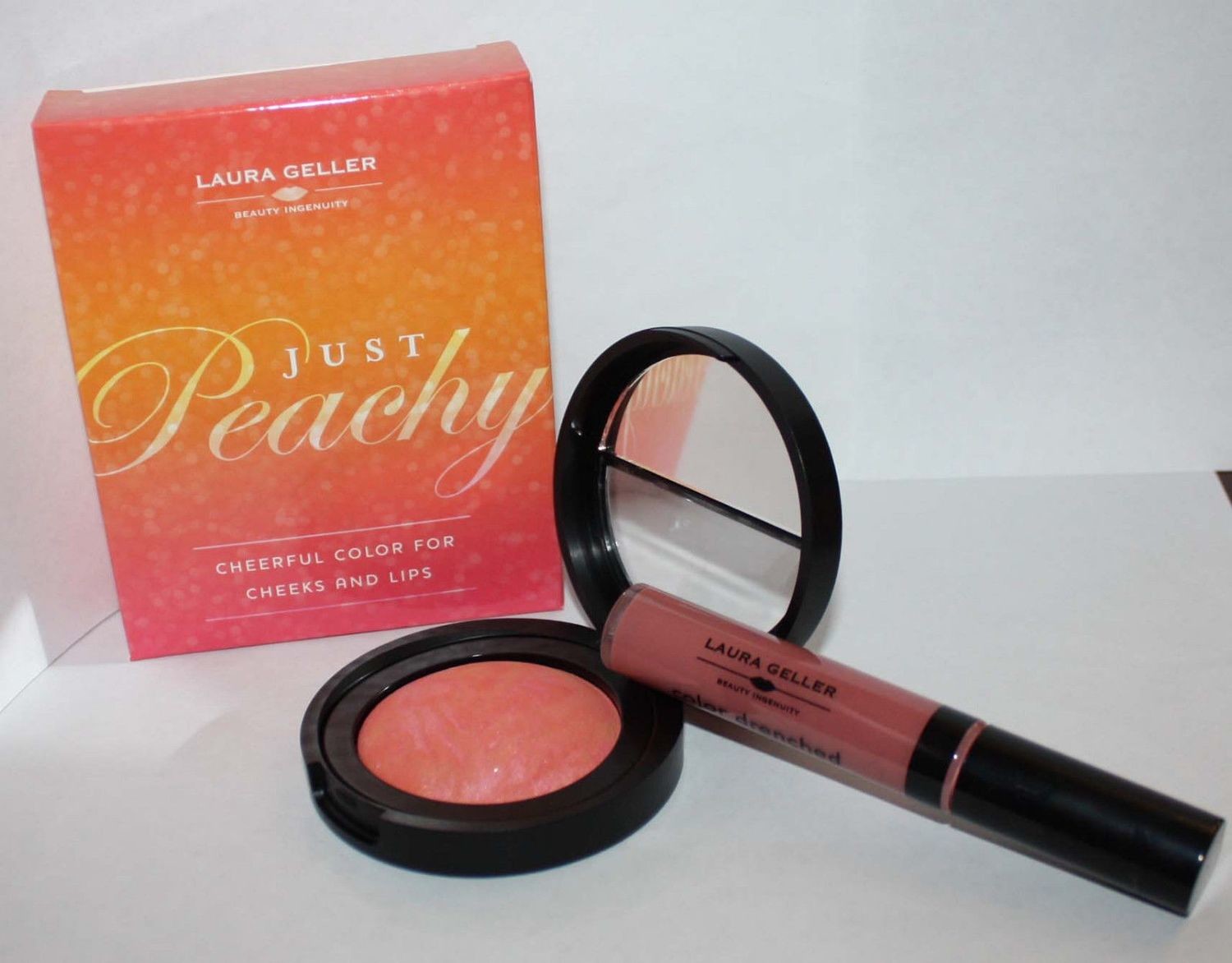 Laura Geller JUST PEACHY 2 Pc Blush PEACH NECTAR & Lip Gloss CAFE AU