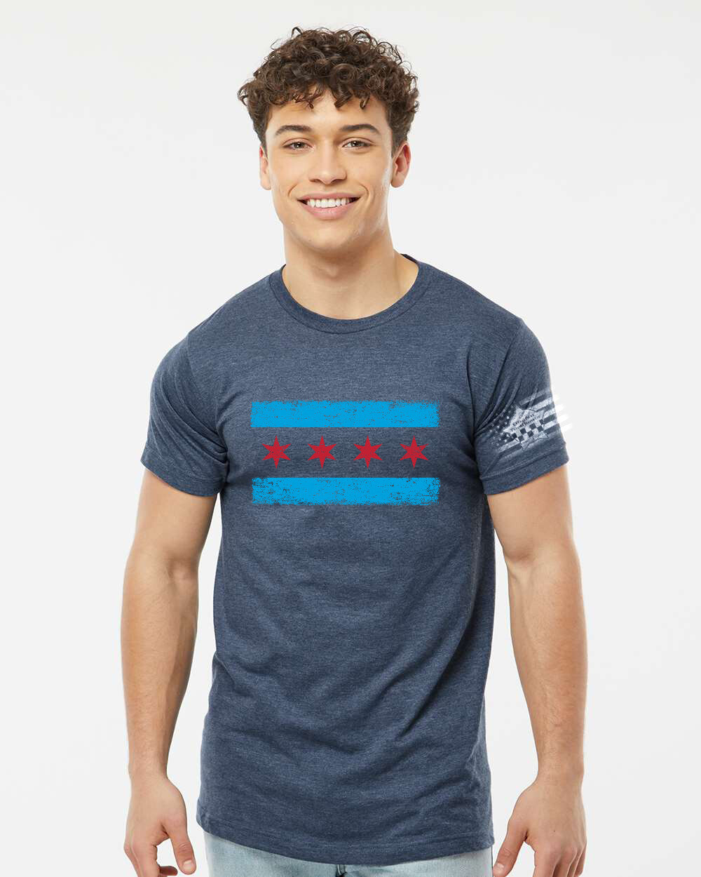 Memorial Chicago Flag TShirt with Left Sleeve American Flag Chicago