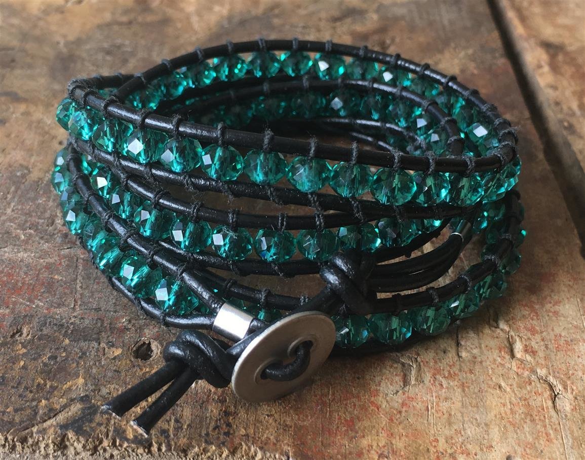 Wrap Bracelet Jade Glass and Black Leather 012