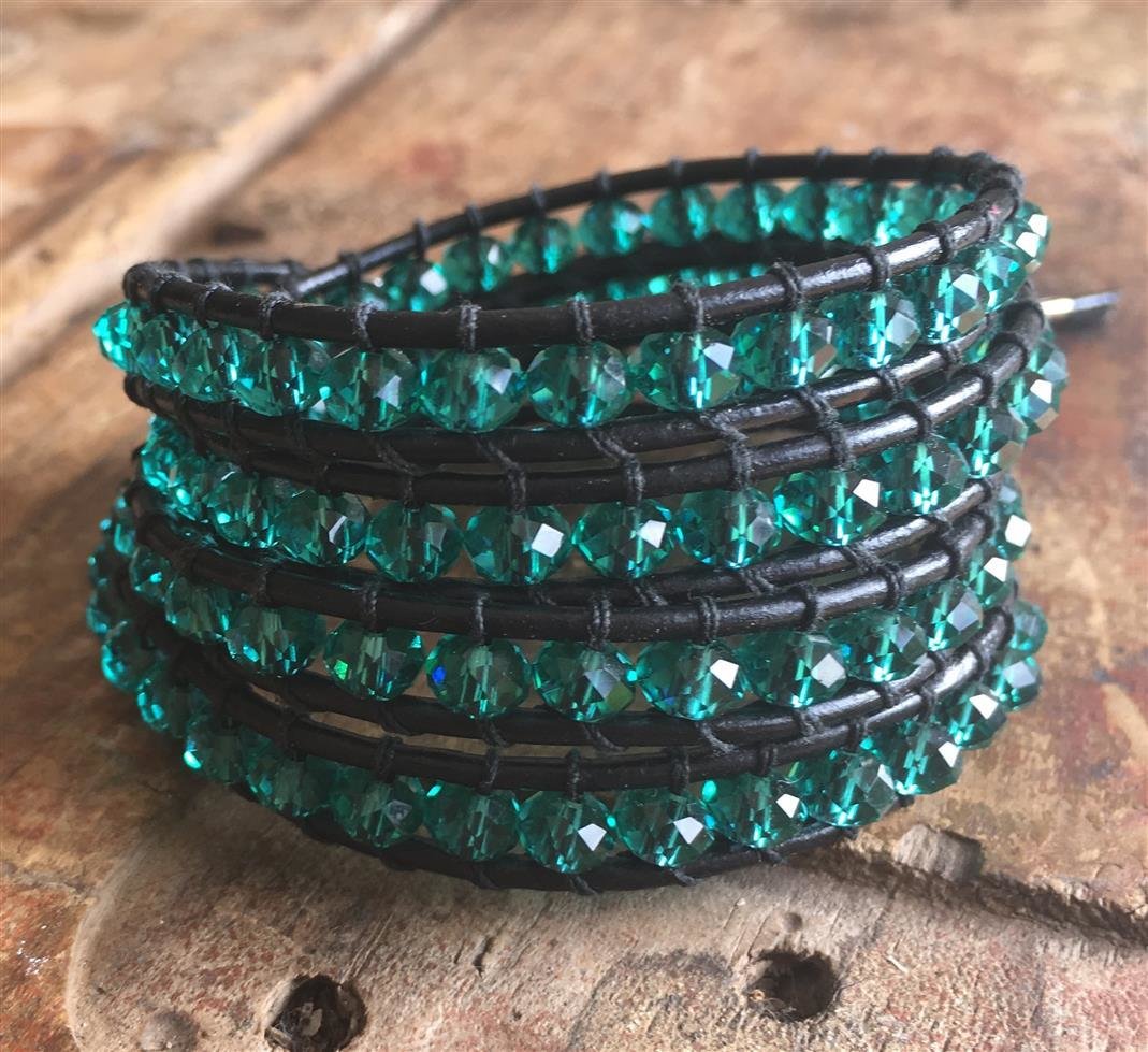 Wrap Bracelet Jade Glass and Black Leather