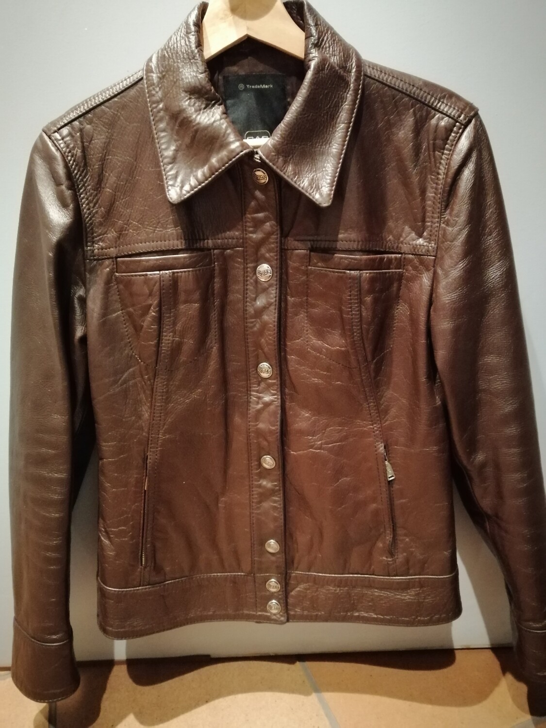 SECOND HAND Women's Original GAS Brown Leather Jacket Size S "Vintage