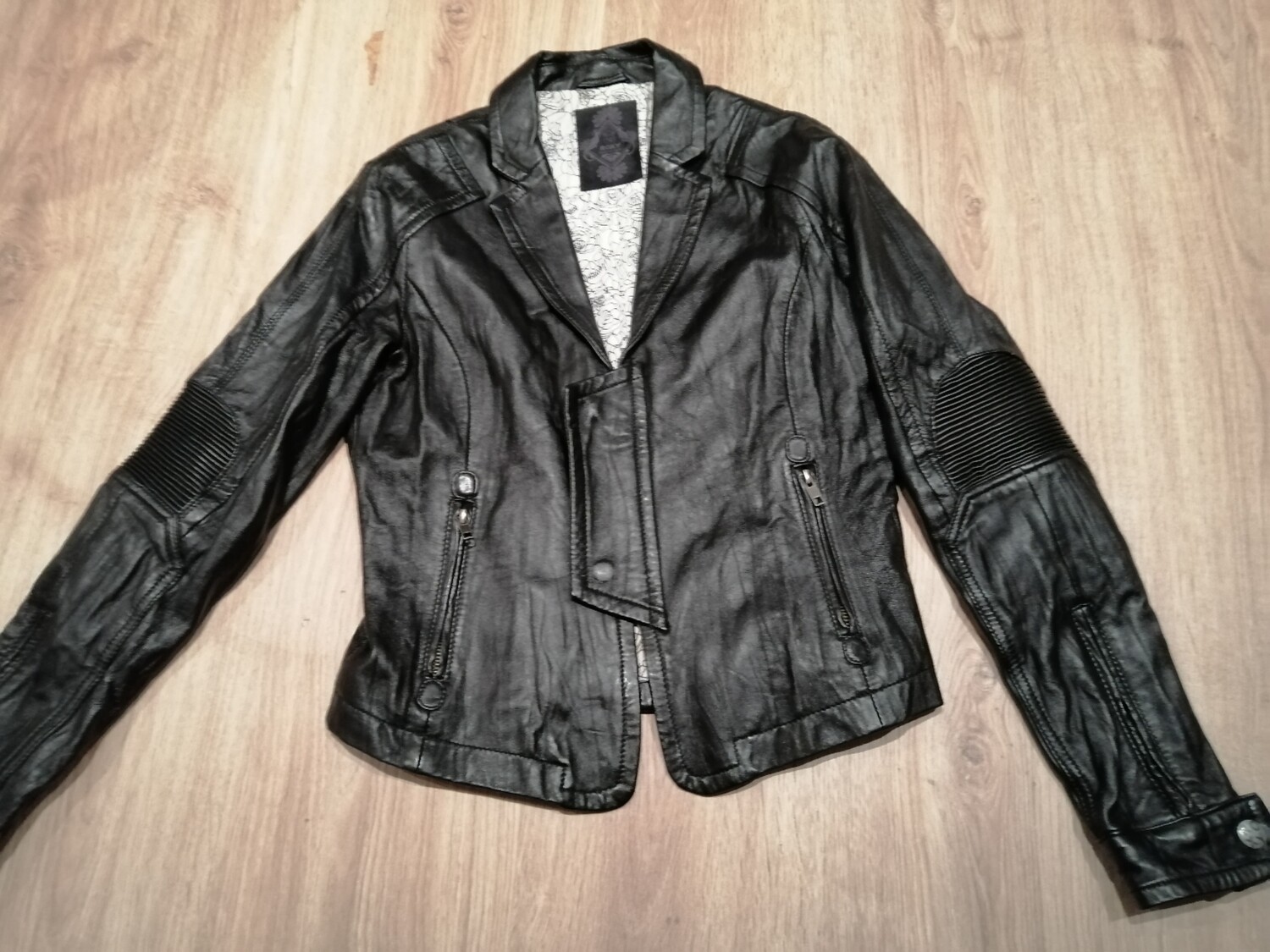 SECOND HAND Women's Black Leather Biker Rocker Jacket Size S Original