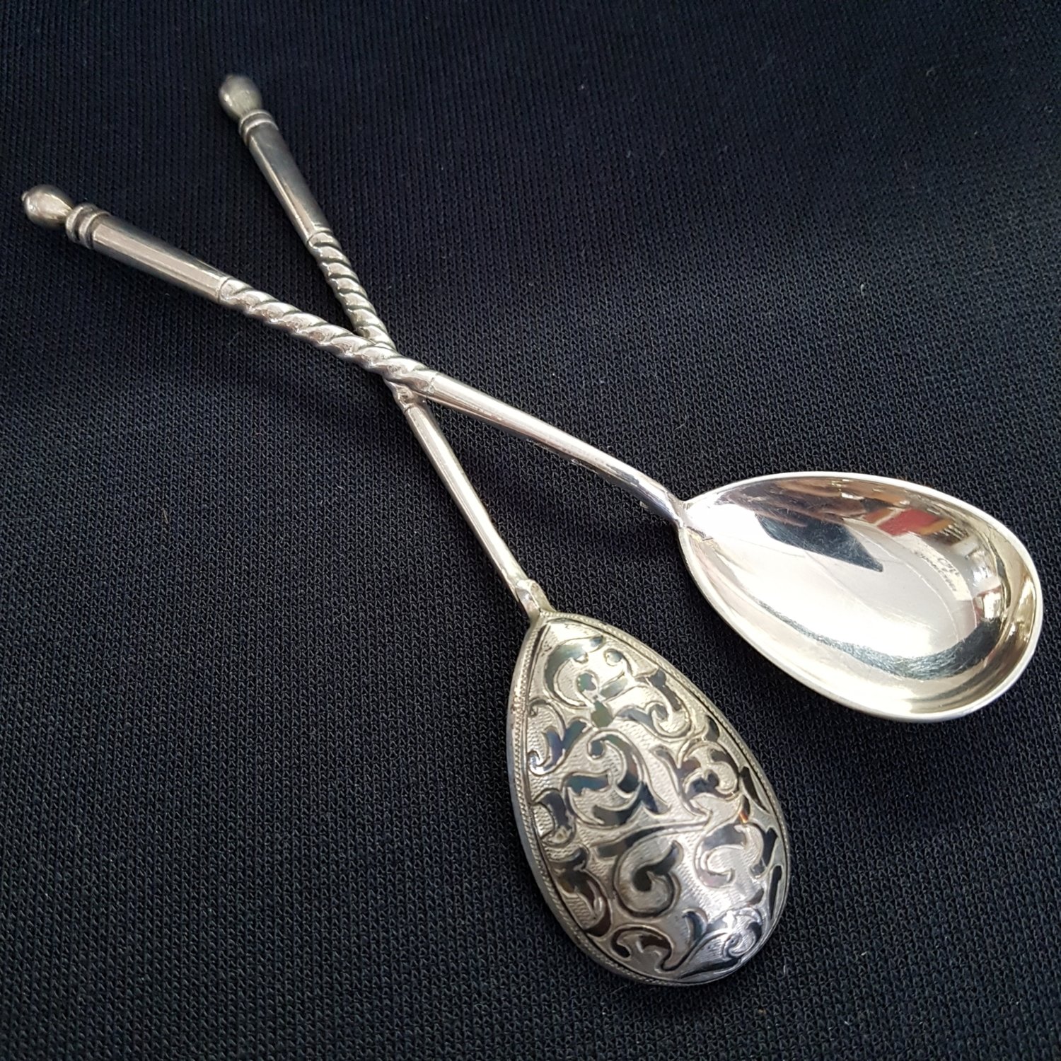 Pair Imperial Russian Silver Spoons with Niello Decoration St