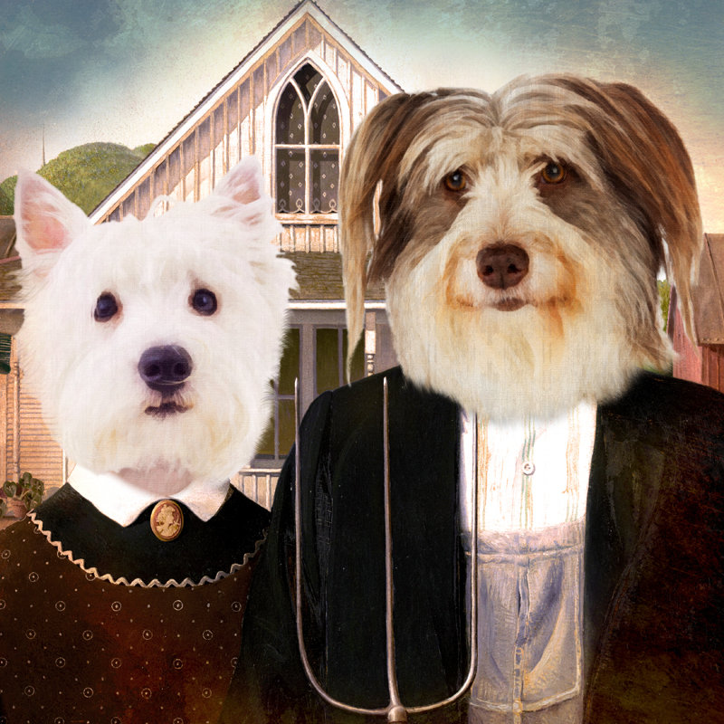 Custom Pet Portrait American Gothic Farmer Couple Pet portraits in