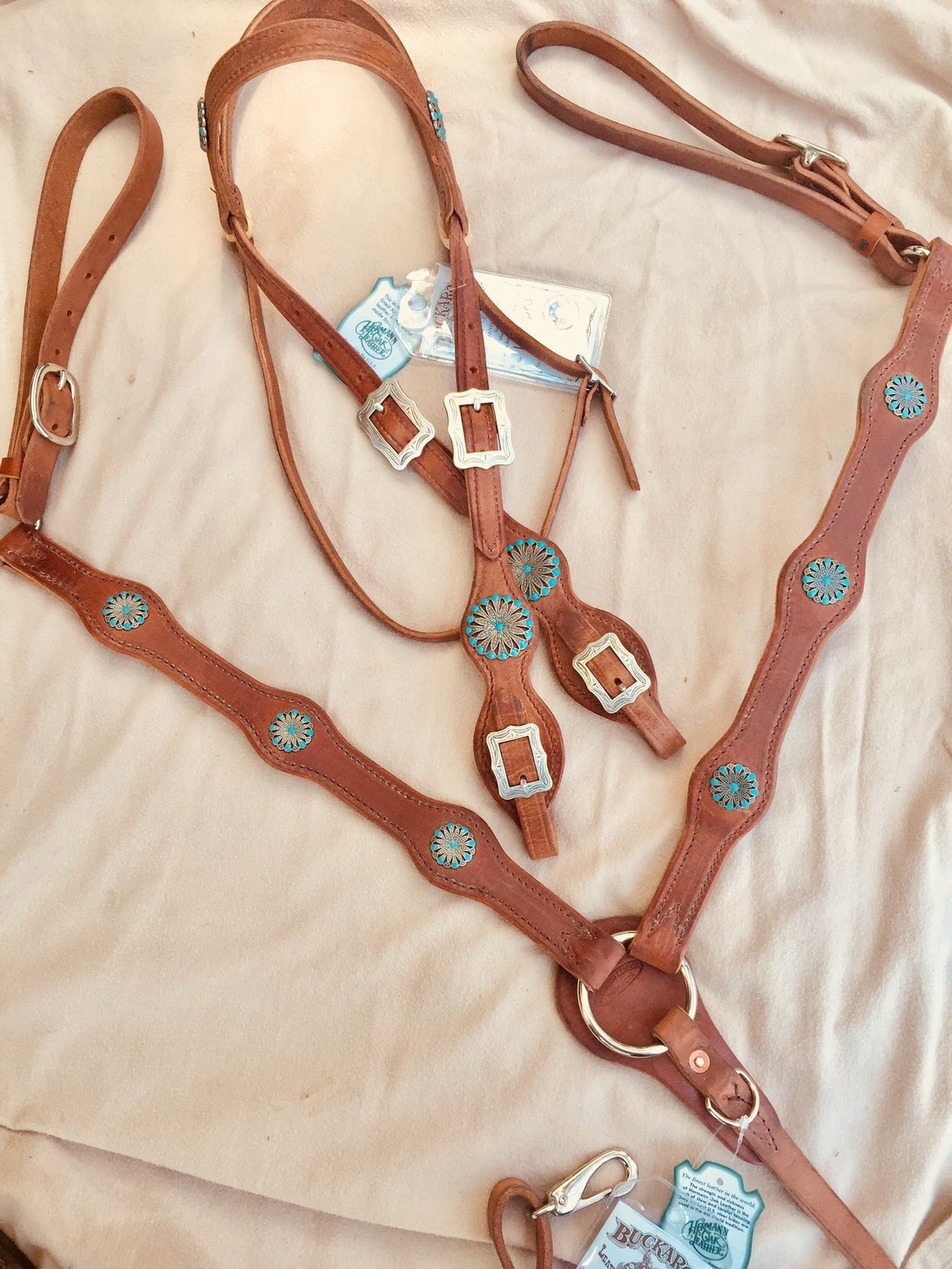 Buckaroo Leather Turquoise scallop bridle breast collar set