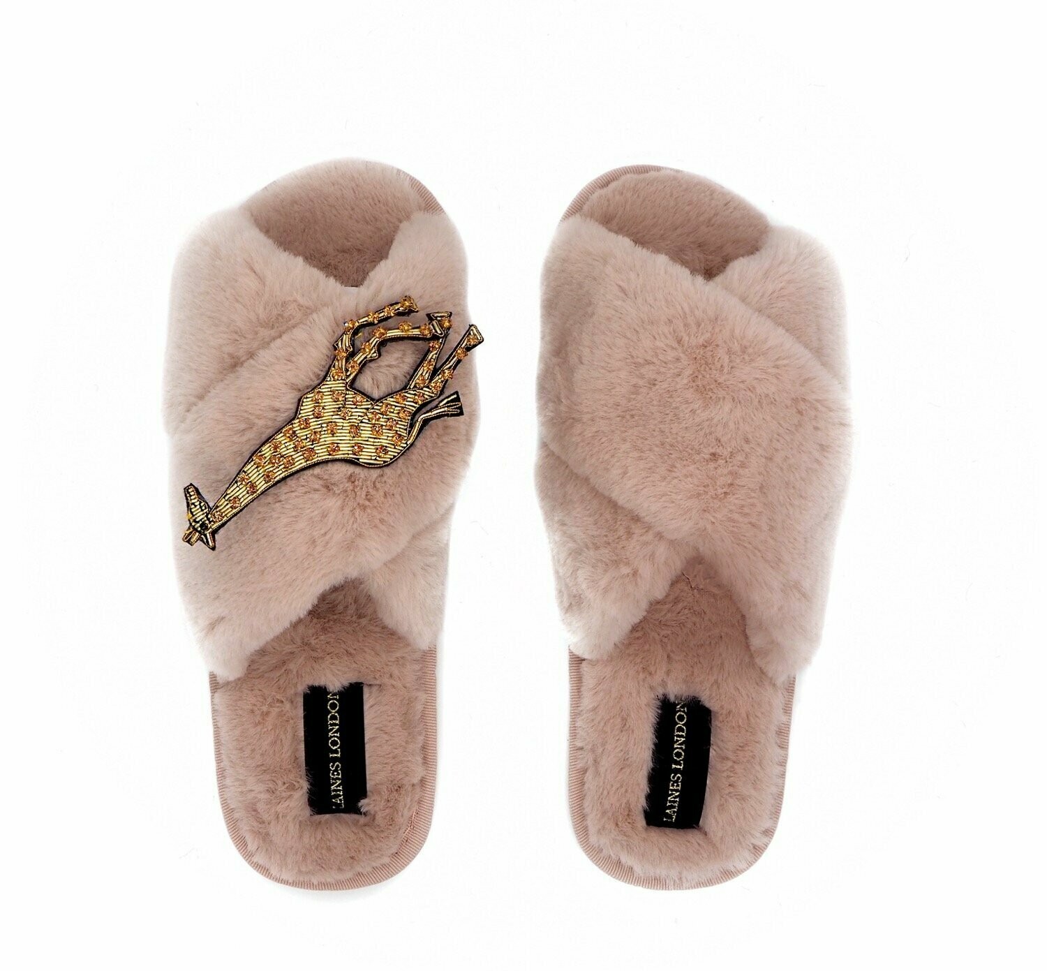LAINES LONDON - pink Fluffy Slippers with Gold Giraffe