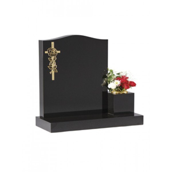 EC41 Black Granite Ogee Headstone with side vase. Headstone with