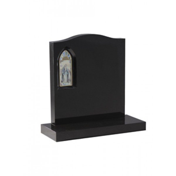 EC49 Black Granite headstone with a stained glass window depicting the