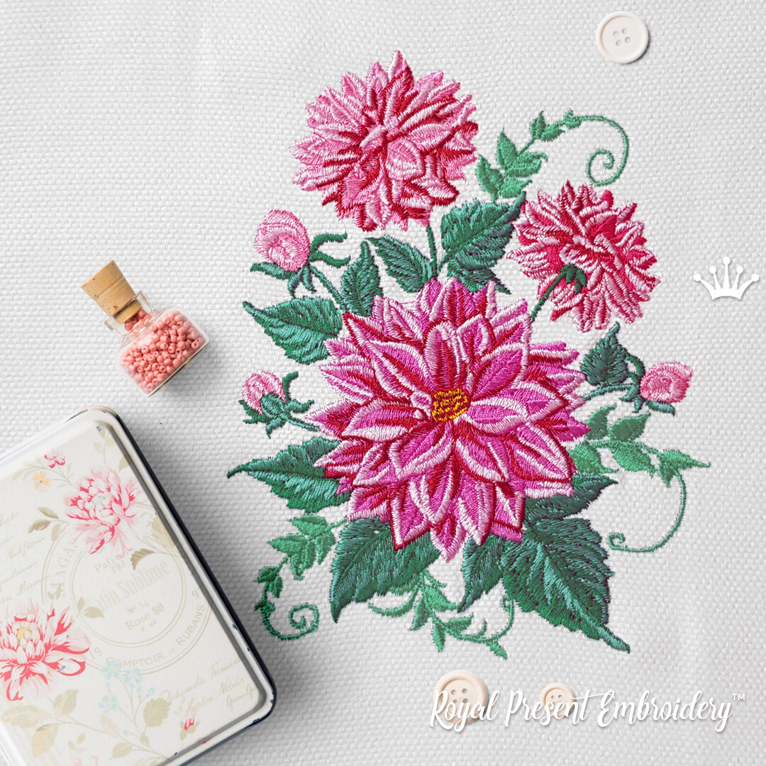 Dahlias Machine Embroidery Design 4 sizes Royal Present Embroidery