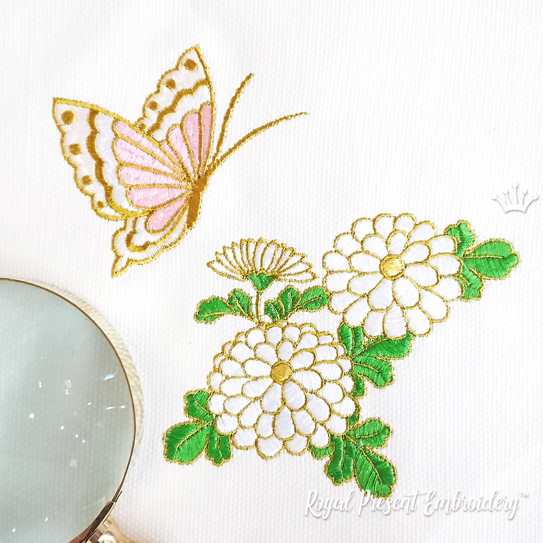 Machine Embroidery Designs Chrysanthemums and butterfly Royal Present