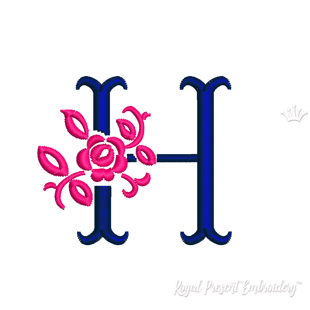 Floral Capital Letter H machine embroidery design 3 sizes Royal