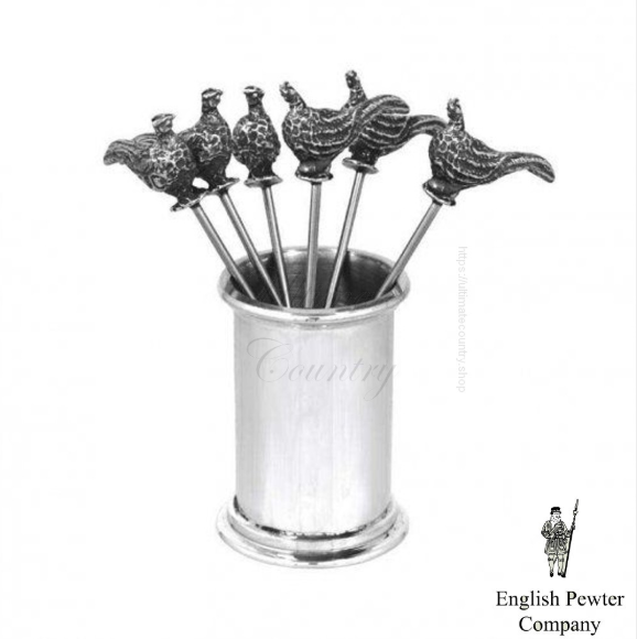 ENGLISH PEWTER COMPANY COCKTAIL PICKS/OLIVE PICKS SET OF 6 PHEASANT