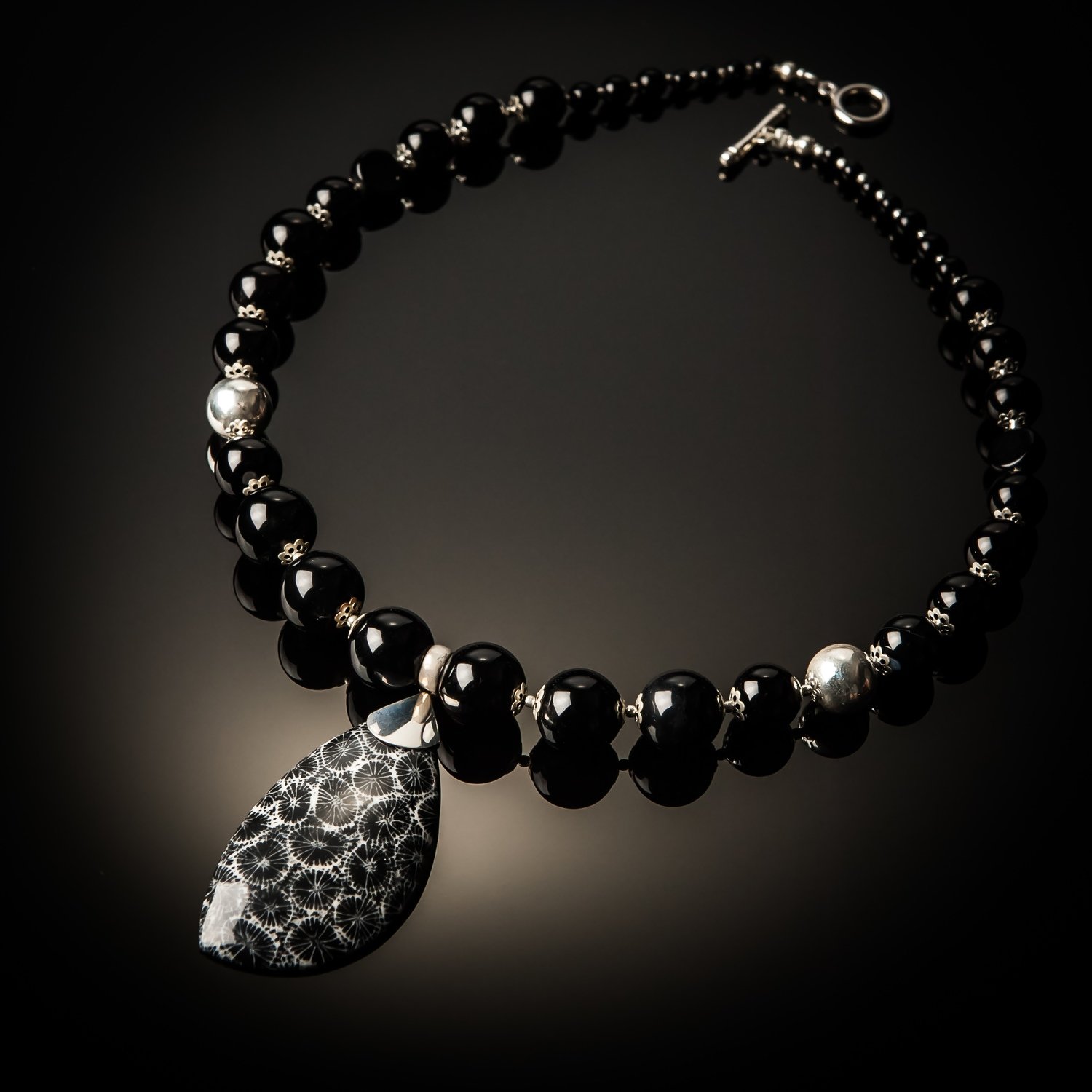 Black Coral Black Agate Sterling Silver Necklace Jinja Jewelry