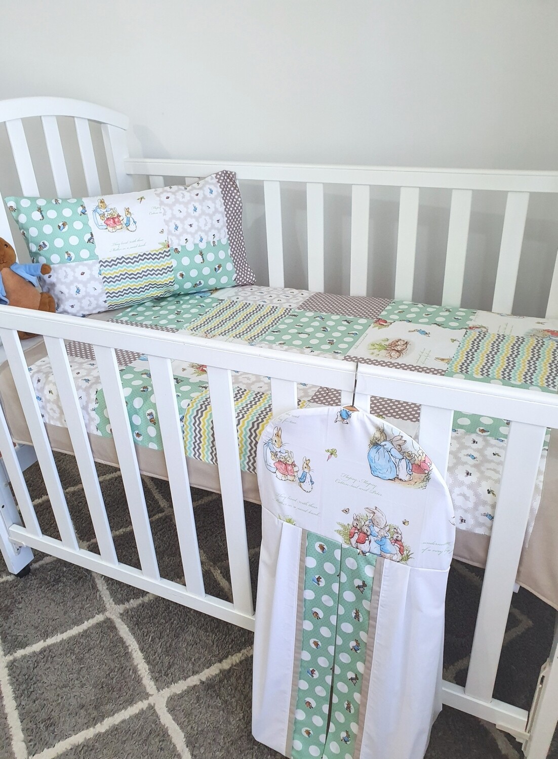 Neutral Peter Rabbit Patchwork design Cot bedding set + Nappy Stacker