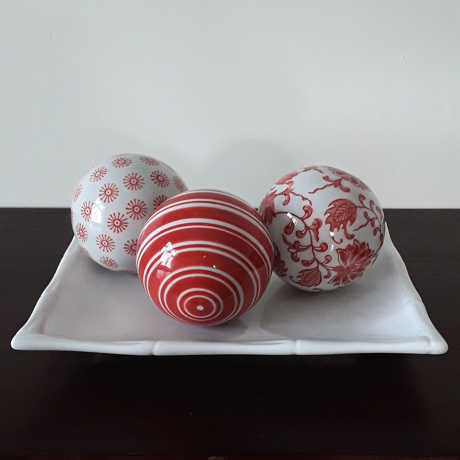 Set of 3 Vintage Coral/Orange and White Chinese Porcelain Carpet Balls