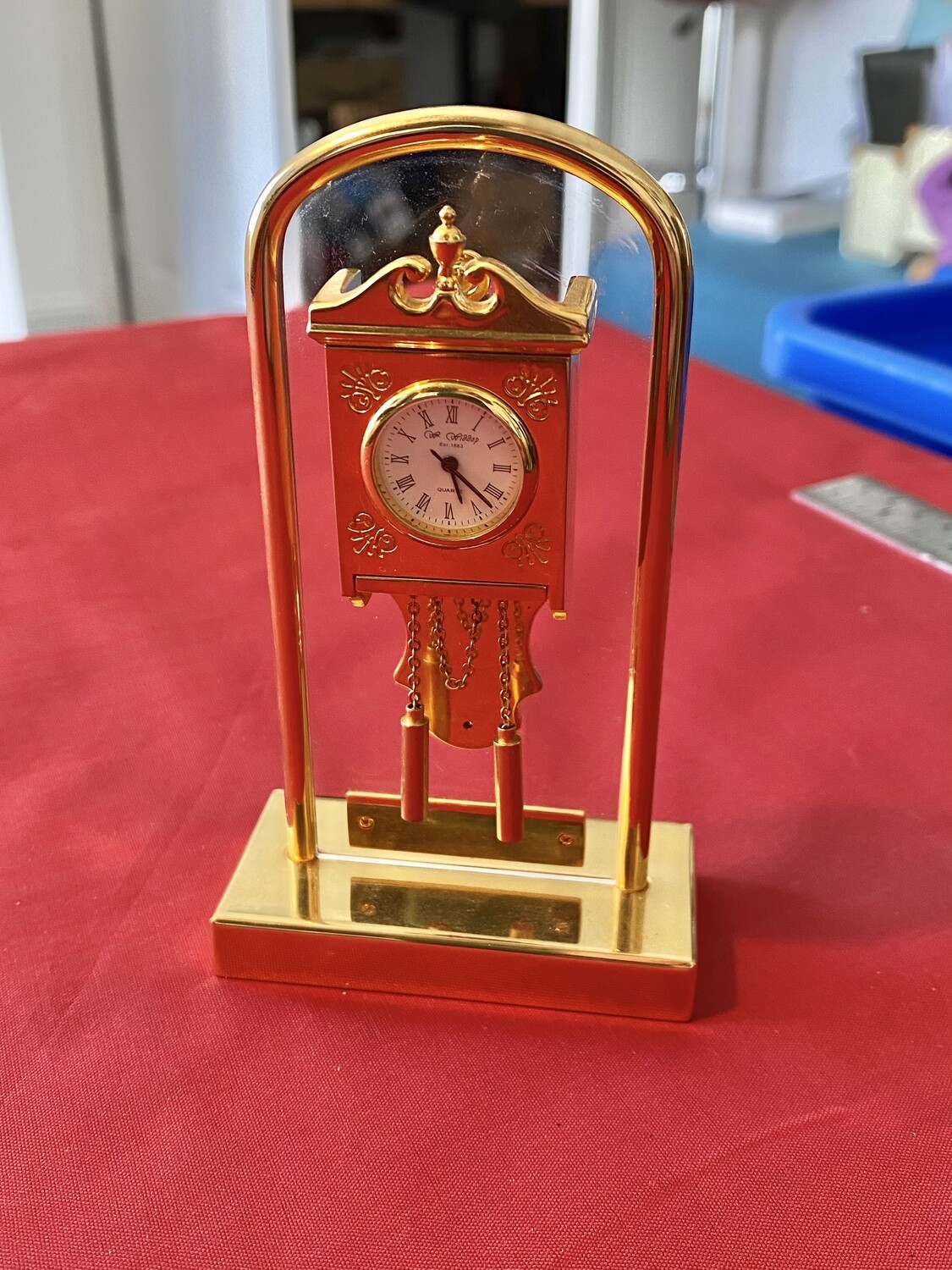 Unusual Quartz Battery Miniature Mantle Clock in the Style of a Long Clock, mid 80’s