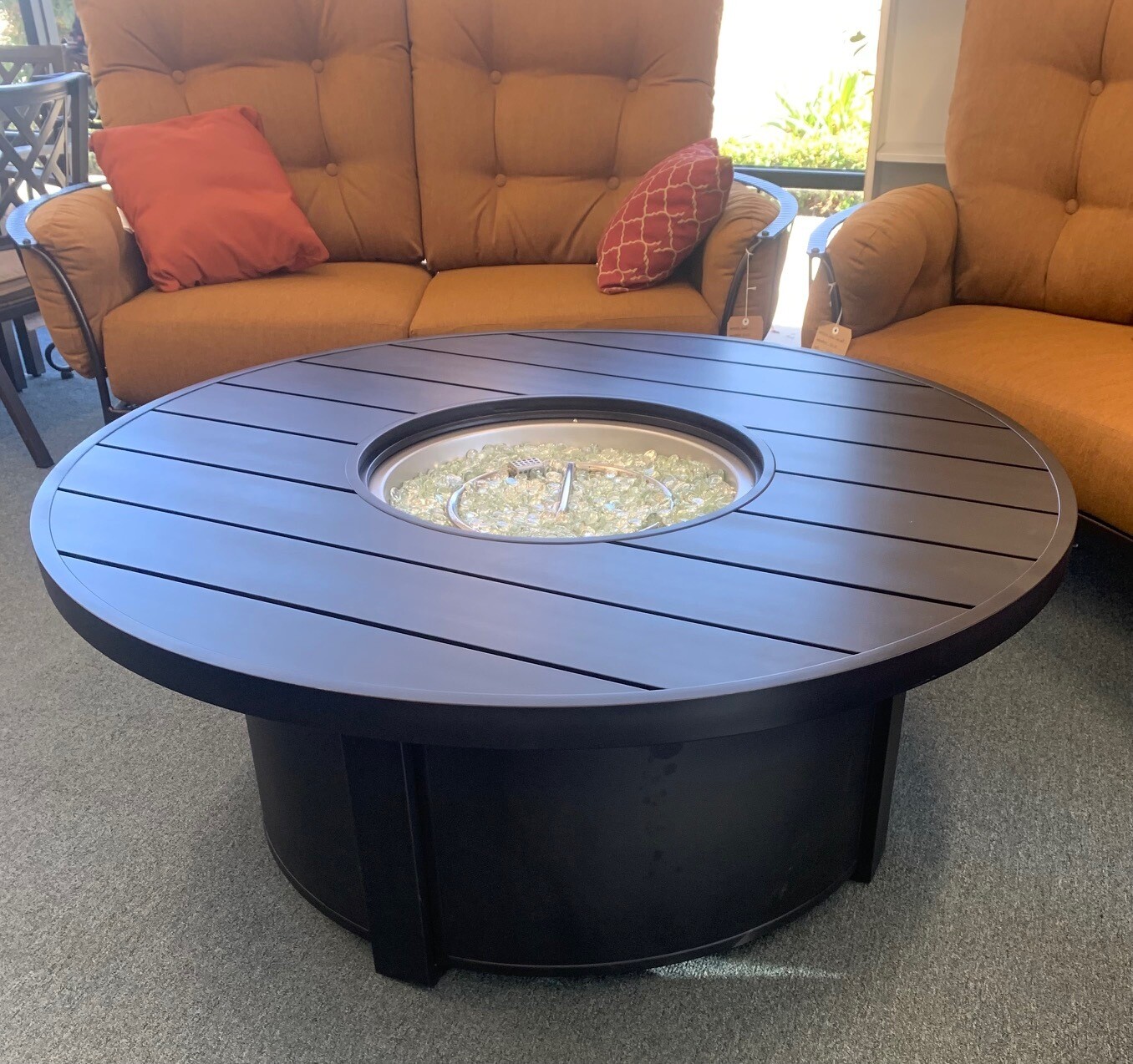 54″ LG Round Chat Height Aluminum Slat Fire Pit In Stock for Immediate