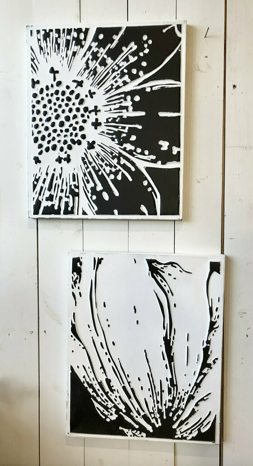 Embossed Black and White Metal Floral Wall Art Set