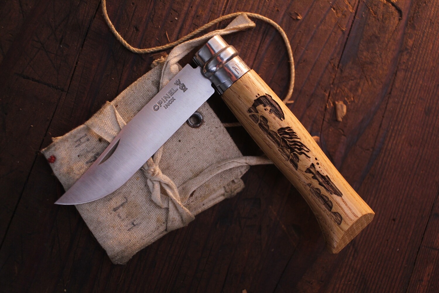 Opinel Knives No. 8 3.28" Knife, Beechwood / Engraved Handle, Trout